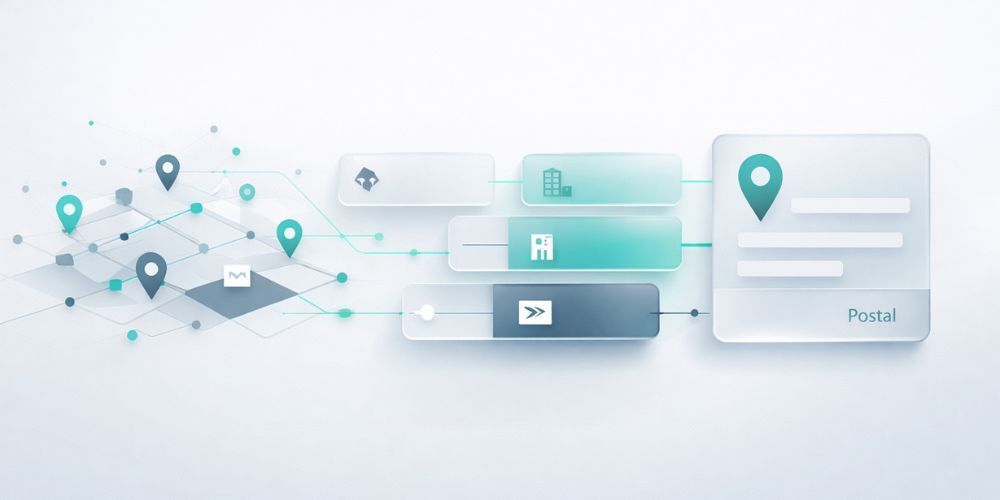 Abstract illustration of a delivery service map with location pins, icons, and transparent interface elements.