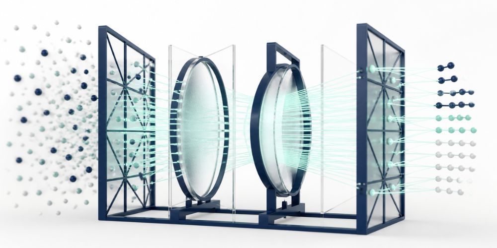 Abstract 3D rendering of optical hardware with two lens-like rings and glowing blue particles on a white background