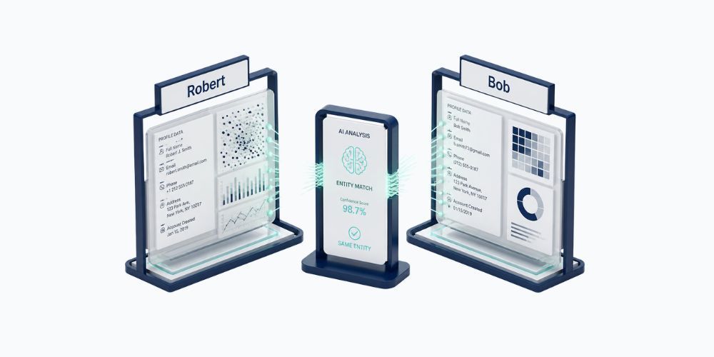 Three dark blue app interface mockups on screens around a smartphone, showing analytics dashboards.