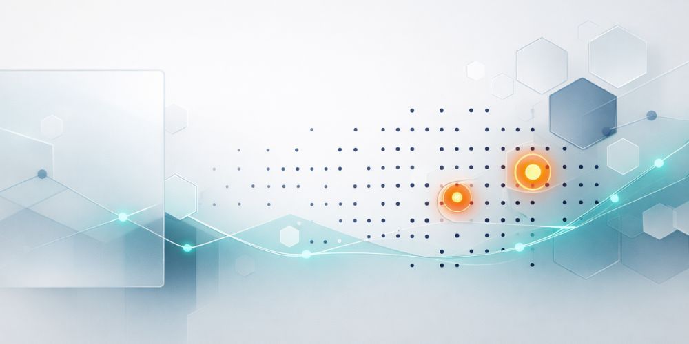 Abstract background with glowing lines, hexagons, and orange circles.