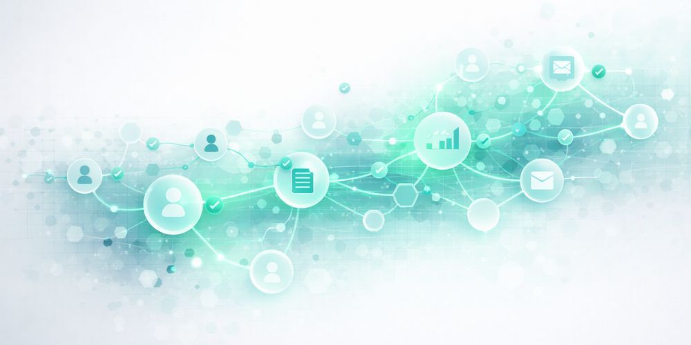 Abstract network with interconnected circles, featuring user icons and data visualization, in teal and white.