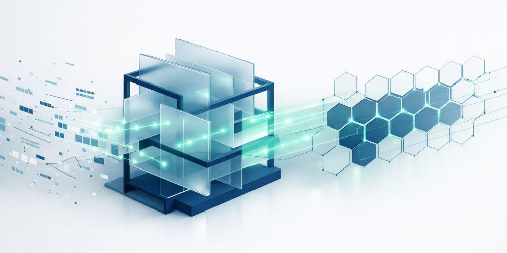A digital data processing and storage concept with a cube-shaped structure connecting to a hexagonal grid, emitting green light.