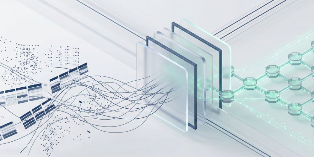 Abstract illustration of data transformation, featuring layered translucent panels, connecting lines, and network nodes.