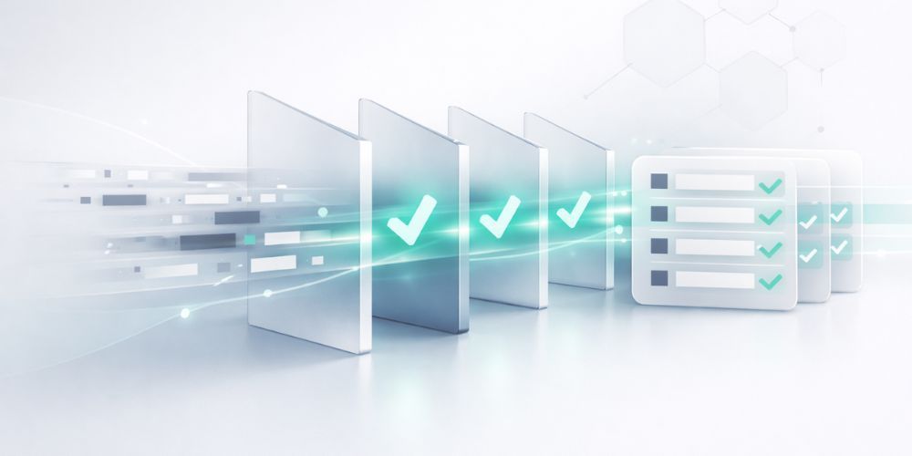 Checkmarks through digital data flow, symbolizing progress and completion.