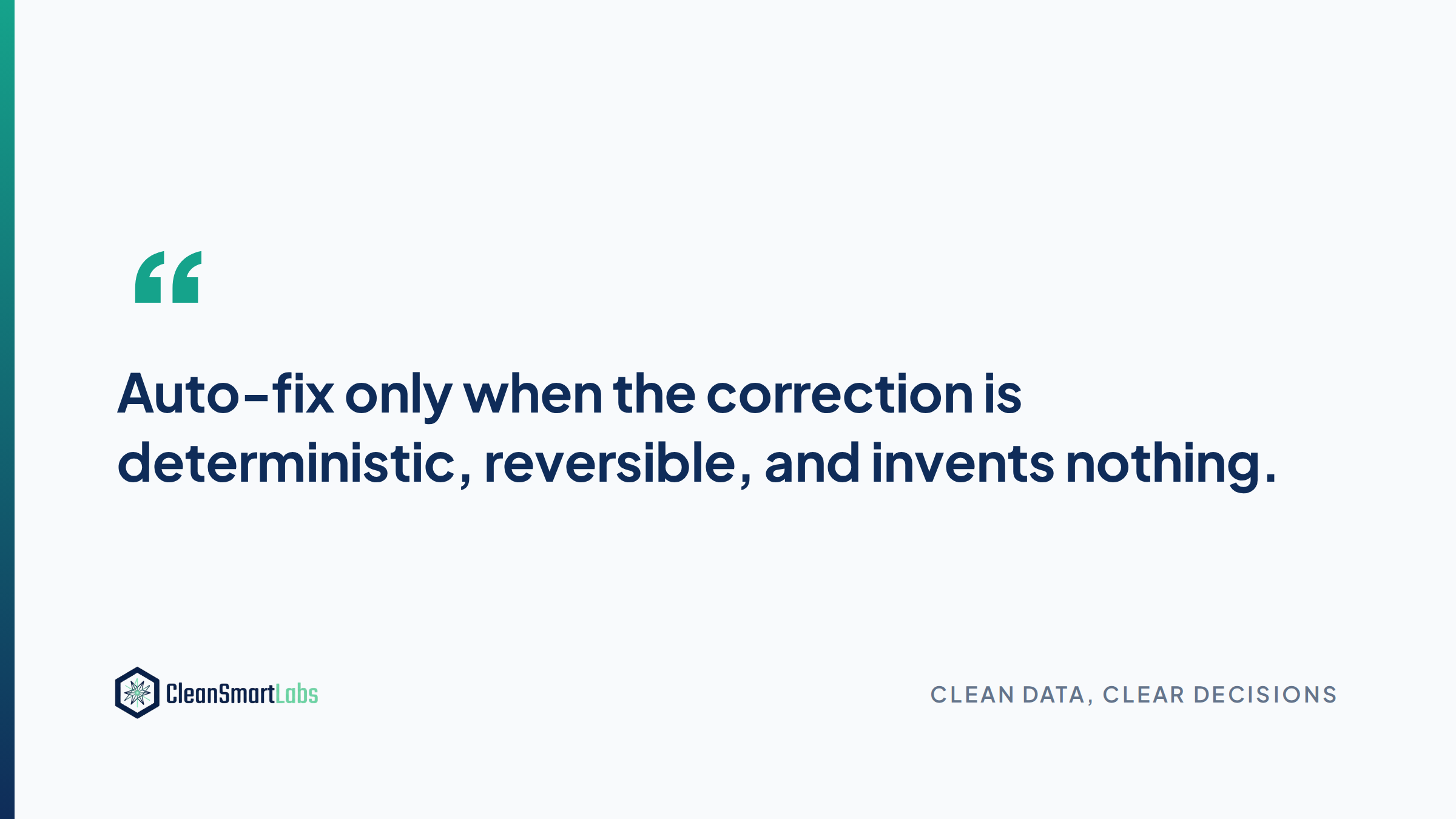 Auto-fix only when the correction is deterministic, reversible, and invents nothing.
