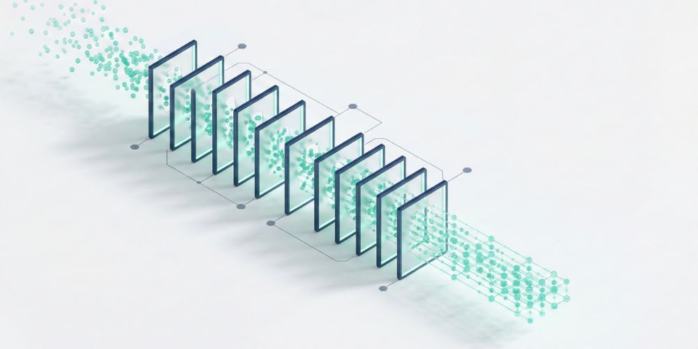 Diagram depicting data processing through a series of filters or layers, with green data particles flowing through.