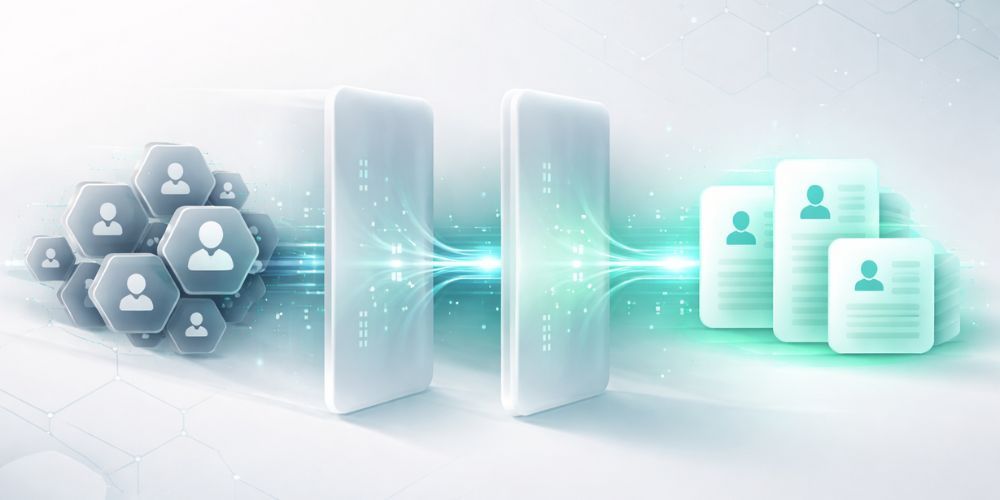 Digital concept showing data processing: people icons funneling through a data filter, transforming into resume-like documents.