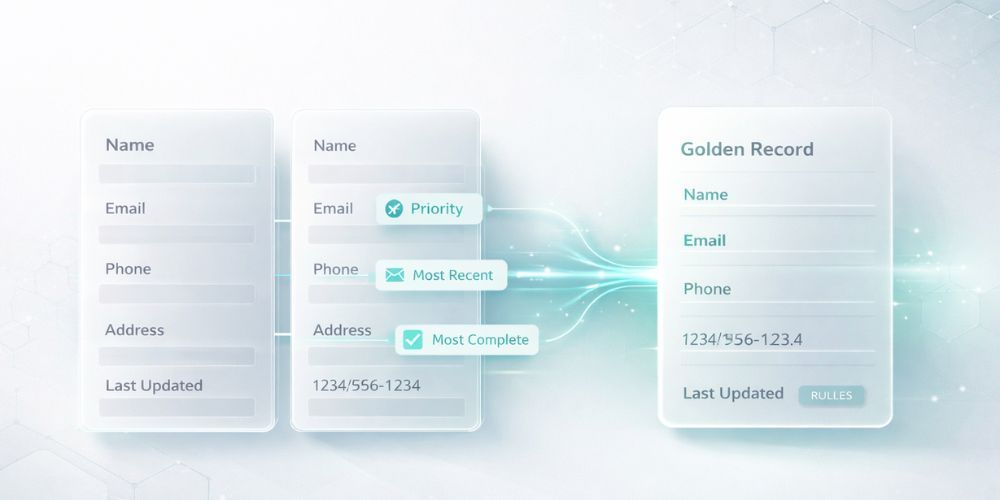 Data merging workflow illustration, showing three forms. One is the master data record, and the other two records are compared, merging data to create a 