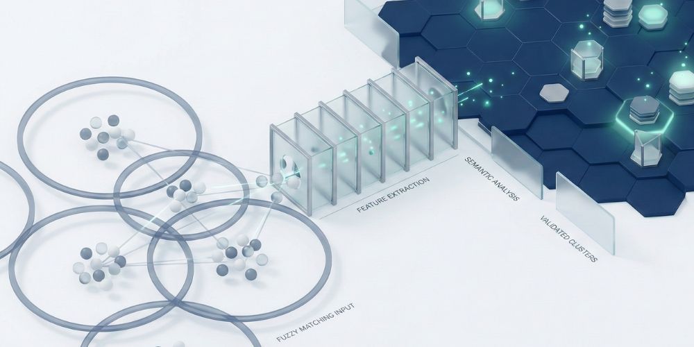 Abstract illustration of data processing: networks of circular nodes connected to a hexagonal blue structure.