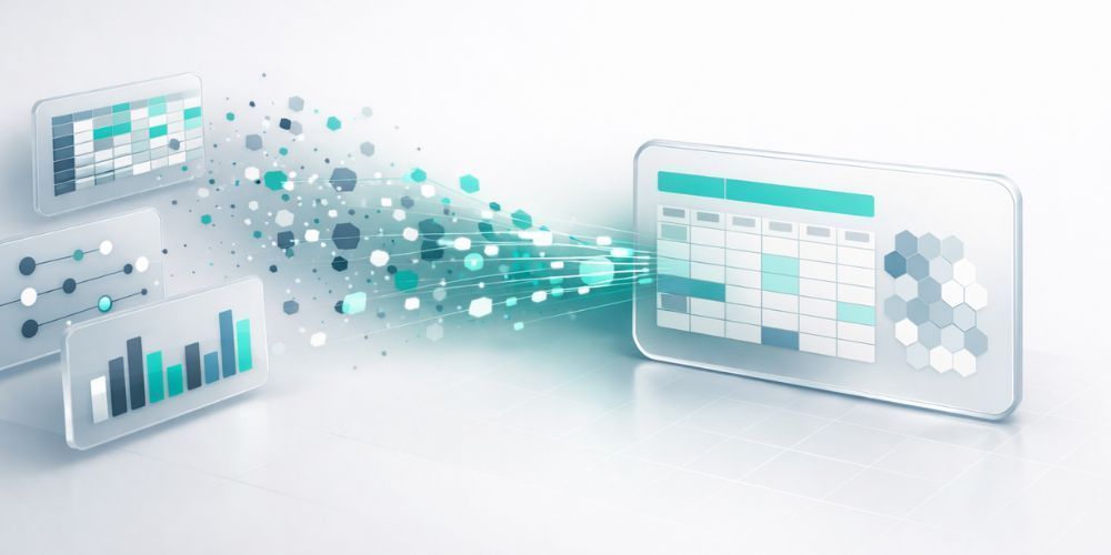 Data visualization showing information flow between charts and a calendar with connecting particles.