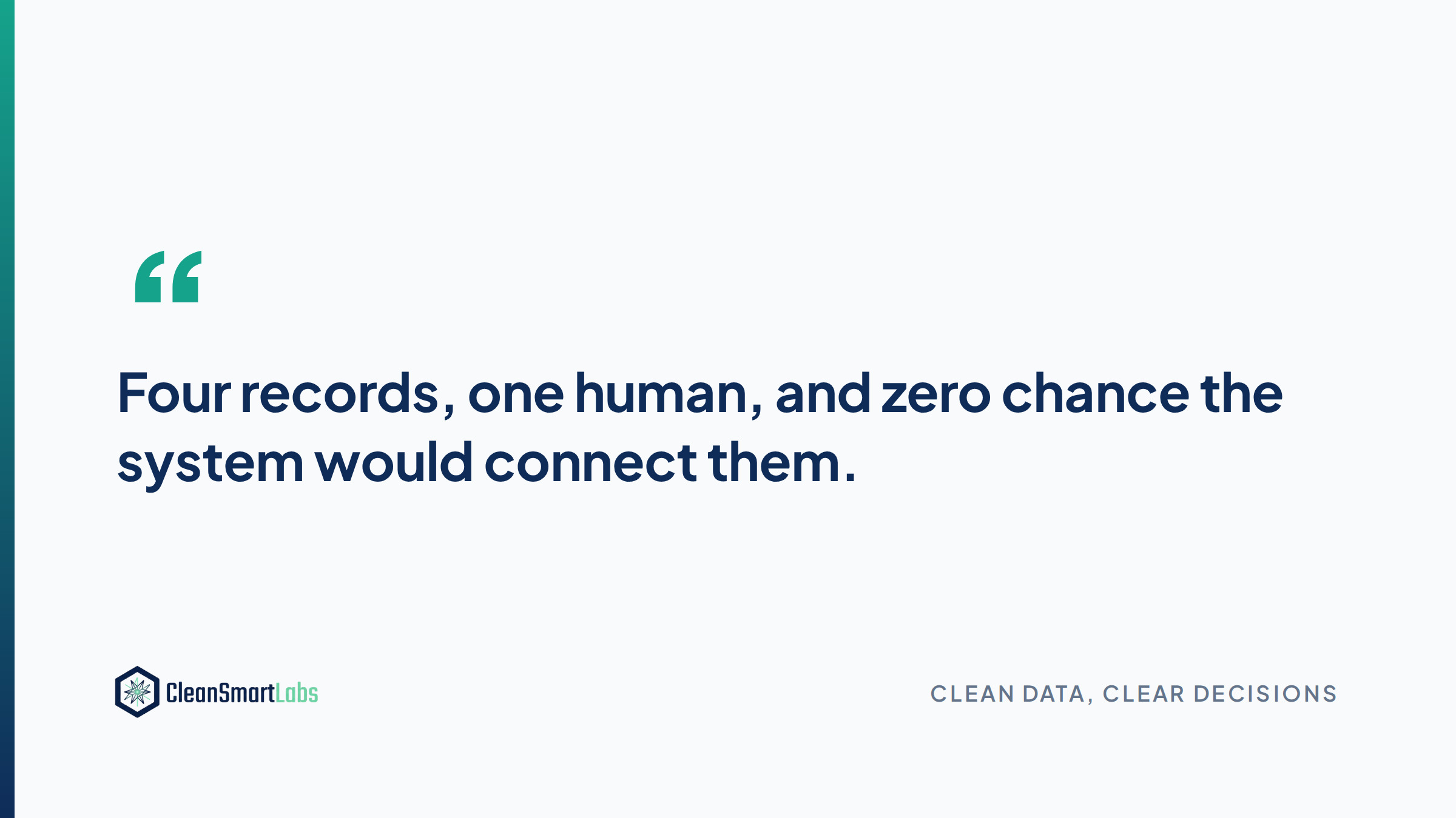 Four records, one human, and zero chance the system would connect them.