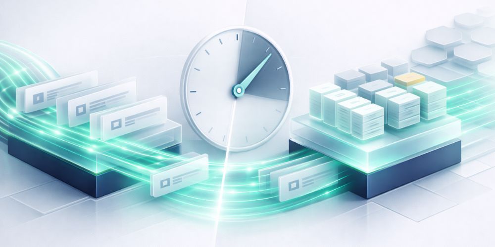 Abstract illustration with clock, data blocks, and glowing lines, symbolizing efficiency.