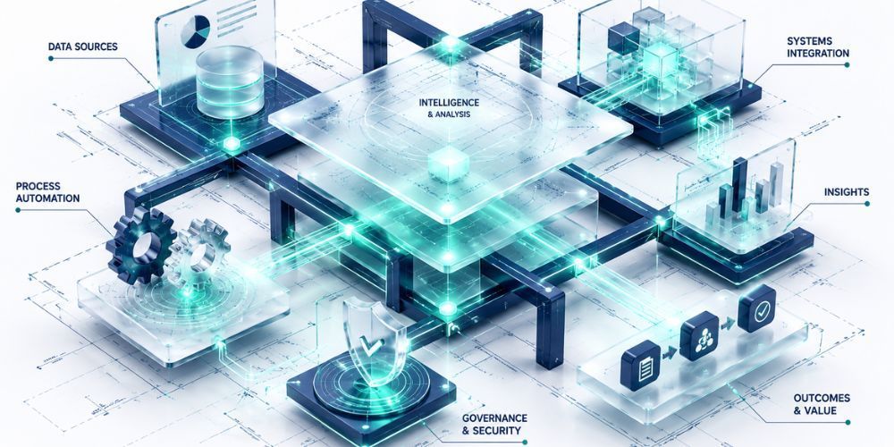 Futuristic blue isometric network platform with glowing data nodes and connected servers