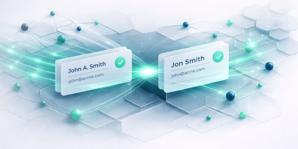 Two digital profile cards with names and email addresses, connected by glowing lines and geometric shapes.