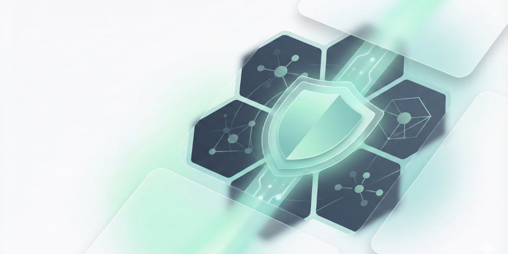 Shield graphic surrounded by hexagons, suggesting data security and protection on a light background.