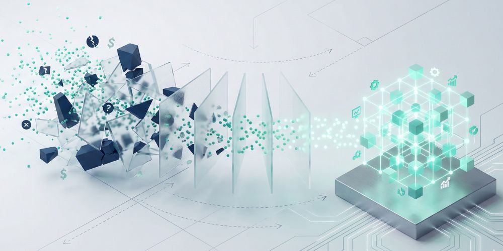 Abstract digital data transformation, from fractured geometric shapes to glowing cube.