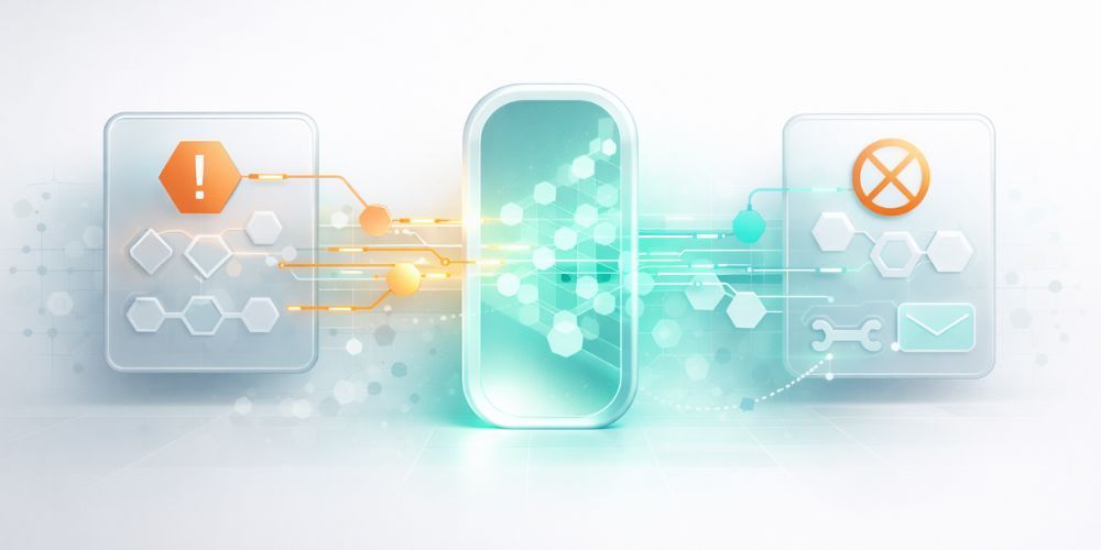 Digital illustration of data flow between two connected digital devices. One displays an alert, the other a blocked sign.