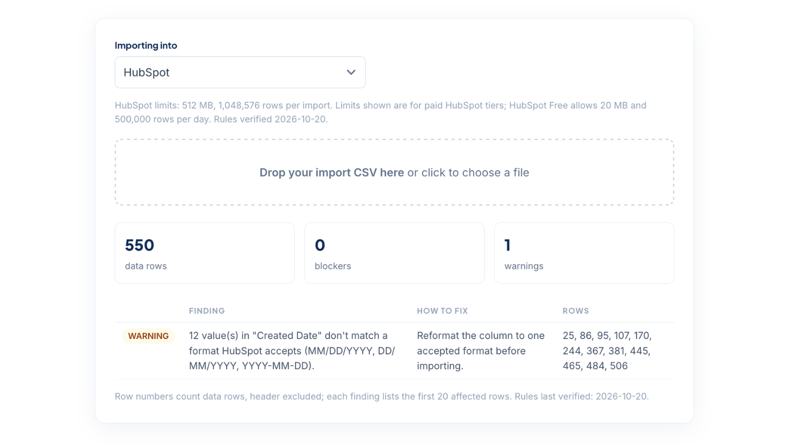CRM Import Checker results for a 550-row file checked against HubSpot import rules, flagging dates in an unaccepted format